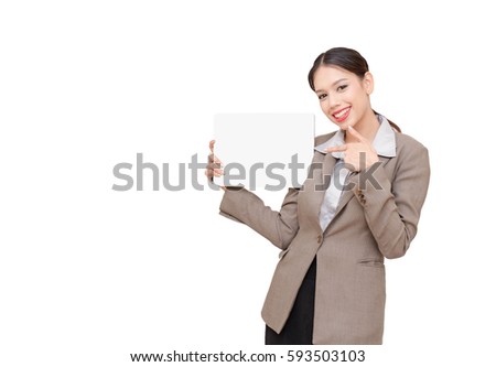 Woman holding white gray laptop look like blank paper poster for news text advertising information on white background. Beautiful business girl lady smiling presentation empty sheet 
