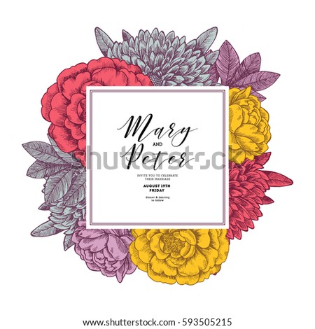 Floral wedding invitation. Vintage flower greeting card. Vector illustration
