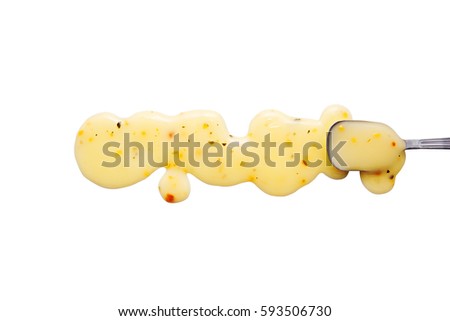 splashes and spilled lite Italian sauce with a spoon. isolated on white background. flat lay, top view Royalty-Free Stock Photo #593506730