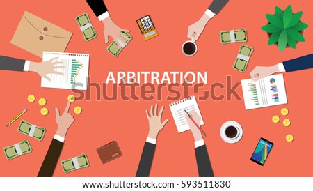arbitration concept illustration with people discuss in a meeting with  paperworks, money, coins and folder document on top of table