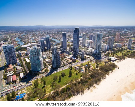 An aerial view of the Broadbeach skyline of the Gold Coast, Queensland, Australia 