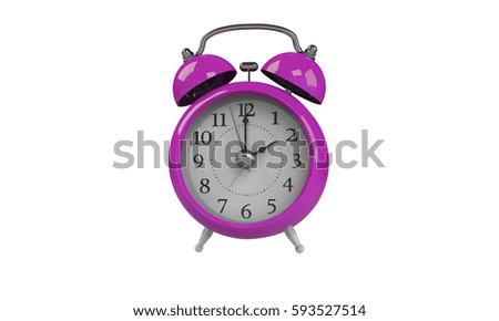 3d rendering of Pink Alarm clock isolated on white. It shows exact time and has two bells. metal legs. hour minute alarm hands