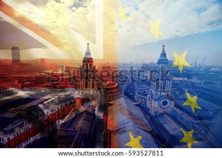 The European Union and the British Union flag combined over icons of London, England, UK. Stay or leave. Brexit Royalty-Free Stock Photo #593527811