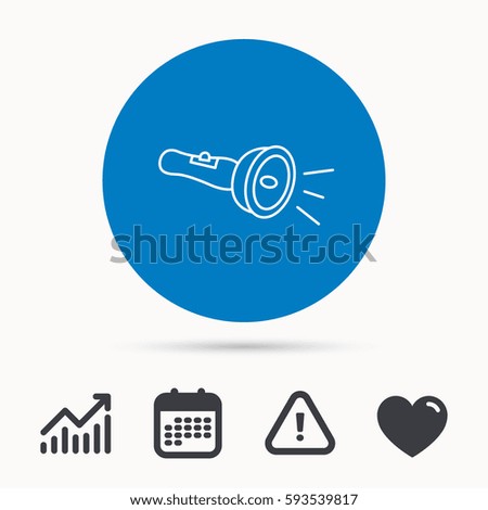 Flashlight icon. Light beam sign. Electric lamp tool symbol. Calendar, attention sign and growth chart. Button with web icon. Vector
