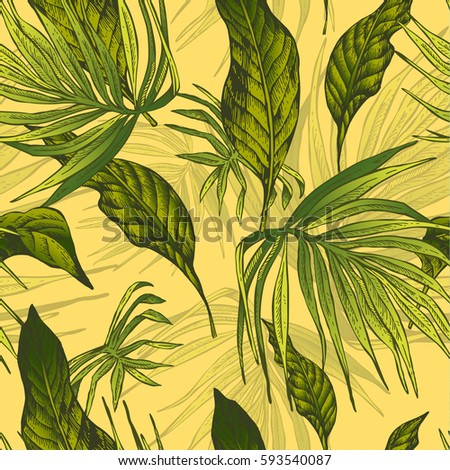 Vector Natural Vintage Seamless Exotic Pattern with Tropical Leaves, Botanical illustration on yellow background.