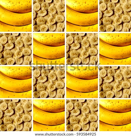 Background made of identical square shapes full of banana textures: bananas and banana slices