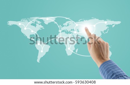 hand pointing with businessman of digital network line and circles, business technology concept, Elements of this image furnished by NASA