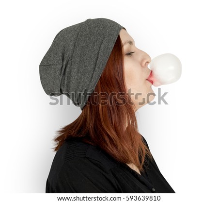 Woman Blowing Bubble Gum Playful Happiness