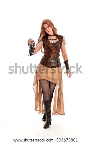 full length portrait of a beautiful girl wearing steampunk outfit, standing pose isolated on white background.
