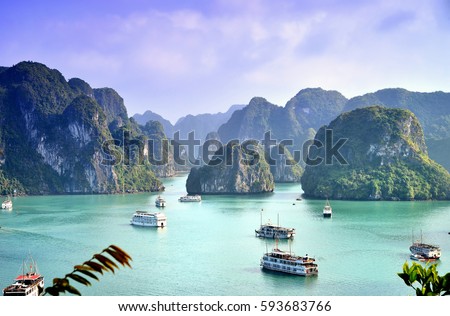 Karst landforms in the sea, the world natural heritage - halong bay Royalty-Free Stock Photo #593683766