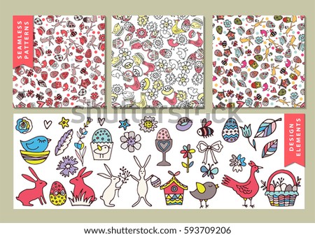 Cartoon hand-drawn doodles on the subject Easter theme seamless pattern. Line art sketch detailed, with lots of objects vector background