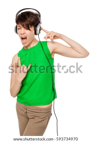 Vertical portrait of woman DJ with headphones on a white background