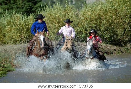 Three Cowgirls Entering Pond