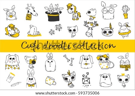 Cute doodle collection. Simple design of cute animals, birds and other design elements perfect for kid's card, banners, stickers and other kid's things.