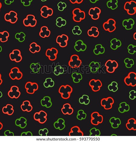 Red and green pepper slices on black background. Seamless pattern with vegetables. Raster version