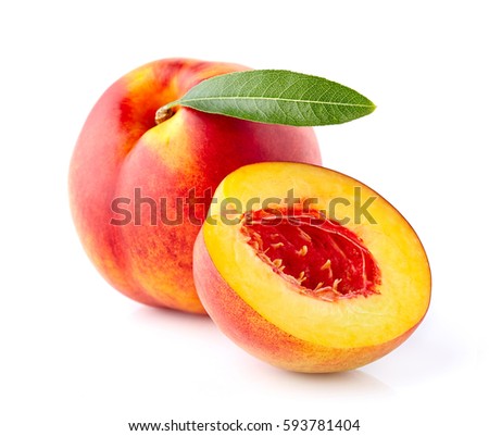 Nectarine with leaf in closeup Royalty-Free Stock Photo #593781404
