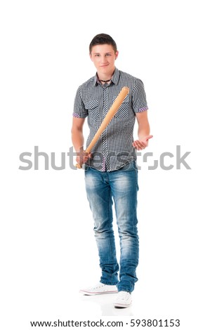 Man with wooden baseball bat, isolated on white background