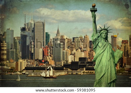 grunge new york city statue of liberty ciytscape skyline.  tourism concept with statue liberty over the hudson river with midtown new york city manhattan.