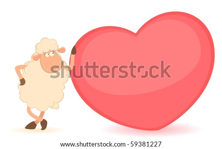 Vector cartoon funny sheep holds a heart