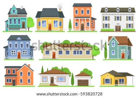 Houses exterior vector illustration front view with roof. Modern. Townhouse building apartment. Home facade with doors and windows. Royalty-Free Stock Photo #593820728