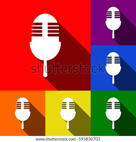 Retro microphone sign. Vector. Set of icons with flat shadows at red, orange, yellow, green, blue and violet background.