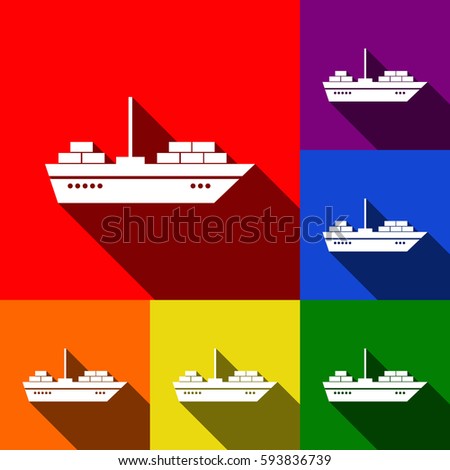Ship sign illustration. Vector. Set of icons with flat shadows at red, orange, yellow, green, blue and violet background.