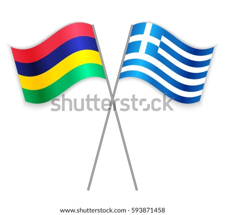 Mauritian and Greek crossed flags. Mauritius combined with Greece isolated on white. Language learning, international business or travel concept.