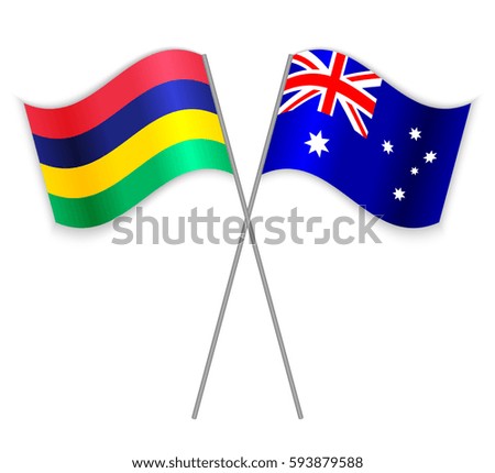 Mauritian and Australian crossed flags. Mauritius combined with Australia isolated on white. Language learning, international business or travel concept.