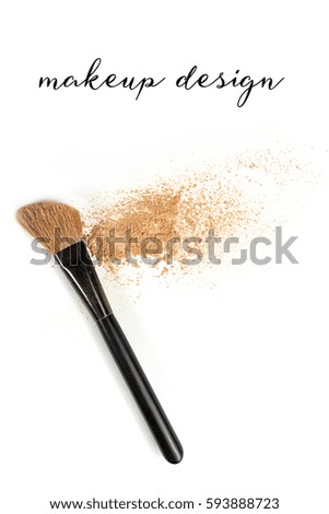 Makeup brush and powder, shot from above on a white background. A vertical template for a makeup artist's business card or flyer design, with plenty of copy space