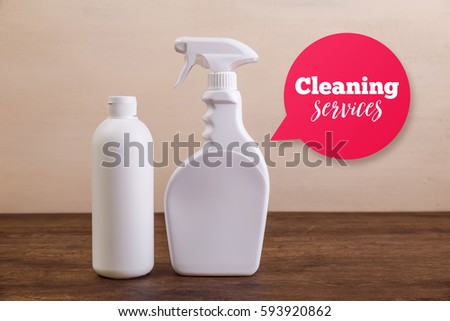 Mock-up plastic bottles. Cleaning services speech bubble. Shampoo and washing spray cleaner. Mockup design for branding. Front view. Wooden rustic board.