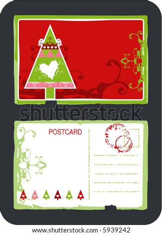 Vintage illustration postcard design with Christmas tree, heart and swirls patterns
