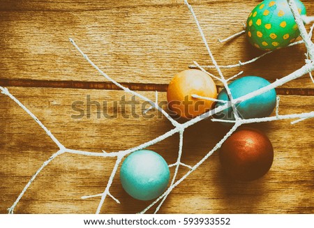 Colorful easter eggs close up on wood desk