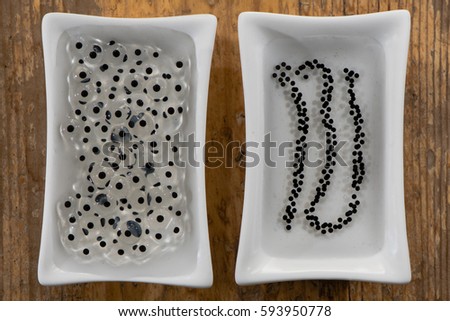 Frog and toad spawn comparison. Eggs of common frog (Rana temporaria) (left) and common toad (Bufo bufo) (right) side by side