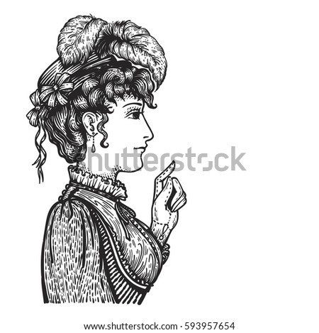 Vector illustration of vintage engraved woman in hat with feathers and dress - person pointing with index finger, showing something - isolated on white with copy space, hand drawn clip art.