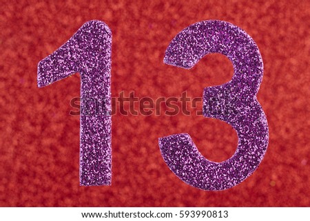 Number thirteen purple color over a red background. Anniversary. Horizontal