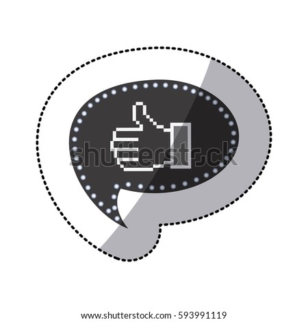 black silhouette sticker of pixel thumb up inside on speech bubble vector illustration