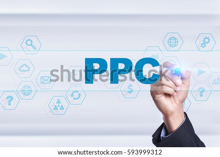 Businessman drawing on virtual screen. ppc concept.
