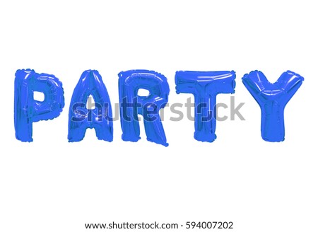 Word party in english alphabet from dark blue balloons on a white background. holidays and education.