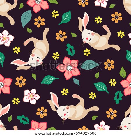 Seamless floral pattern with cute bunny. Spring and summer backdrop. Vector illustration. Seamless texture can be used for wallpapers, fabrics, textile, scrapbooking.