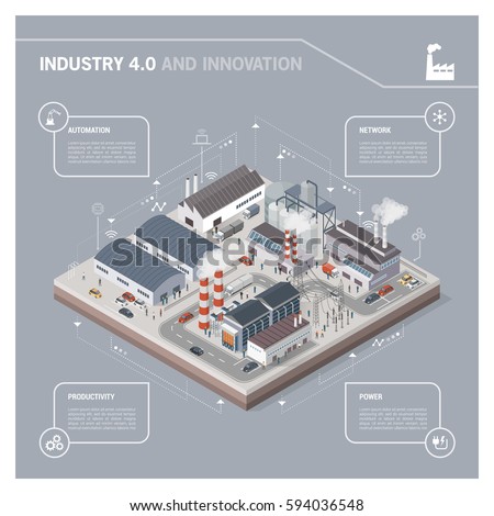 Isometric contemporary industrial park with factories, power plant, workers and transport: industry 4.0 infographic Royalty-Free Stock Photo #594036548