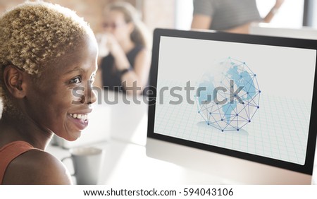 Woman working on computer network graphic overlay 