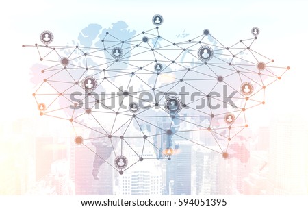 Detailed planet Earth map and a network sketch in front of it. Cityscape in the background. Elements of this image furnished by NASA. Toned image. Double exposure.