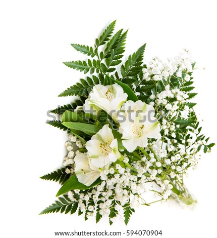 bouquet of white Alstroemeria with fern isolated on white background