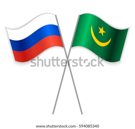 Russian and Mauritanian crossed flags. Russia combined with Mauritania isolated on white. Language learning, international business or travel concept.
