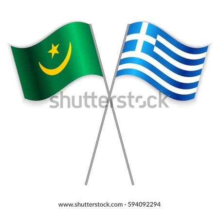 Mauritanian and Greek crossed flags. Mauritania combined with Greece isolated on white. Language learning, international business or travel concept.