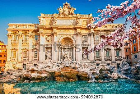 Fountain di Trevi in Rome at spring, Italy Royalty-Free Stock Photo #594092870