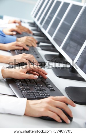 Image of female hand typing in computer classroom Royalty-Free Stock Photo #59409703