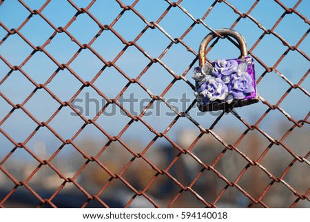 beautiful padlock hangs on an iron grid
