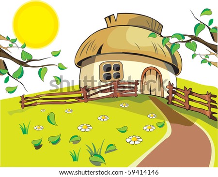 Small house under with sun, flowers, leaf and fence on the white background. Ready to use.