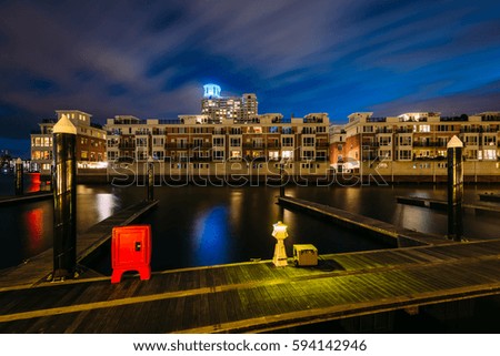 Waterfront residences at night, at the Inner Harbor in Baltimore, Maryland.